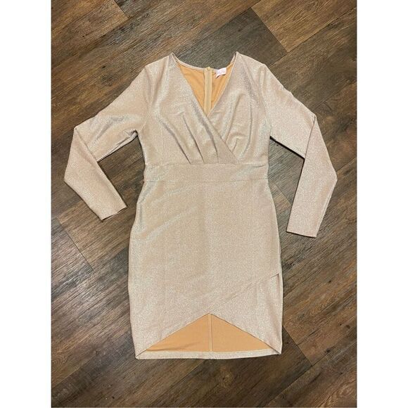 Pink Lily Medium Hold Sparkle Shimmer Shiny Long Sleeve V Neck Dress - Picture 1 of 7